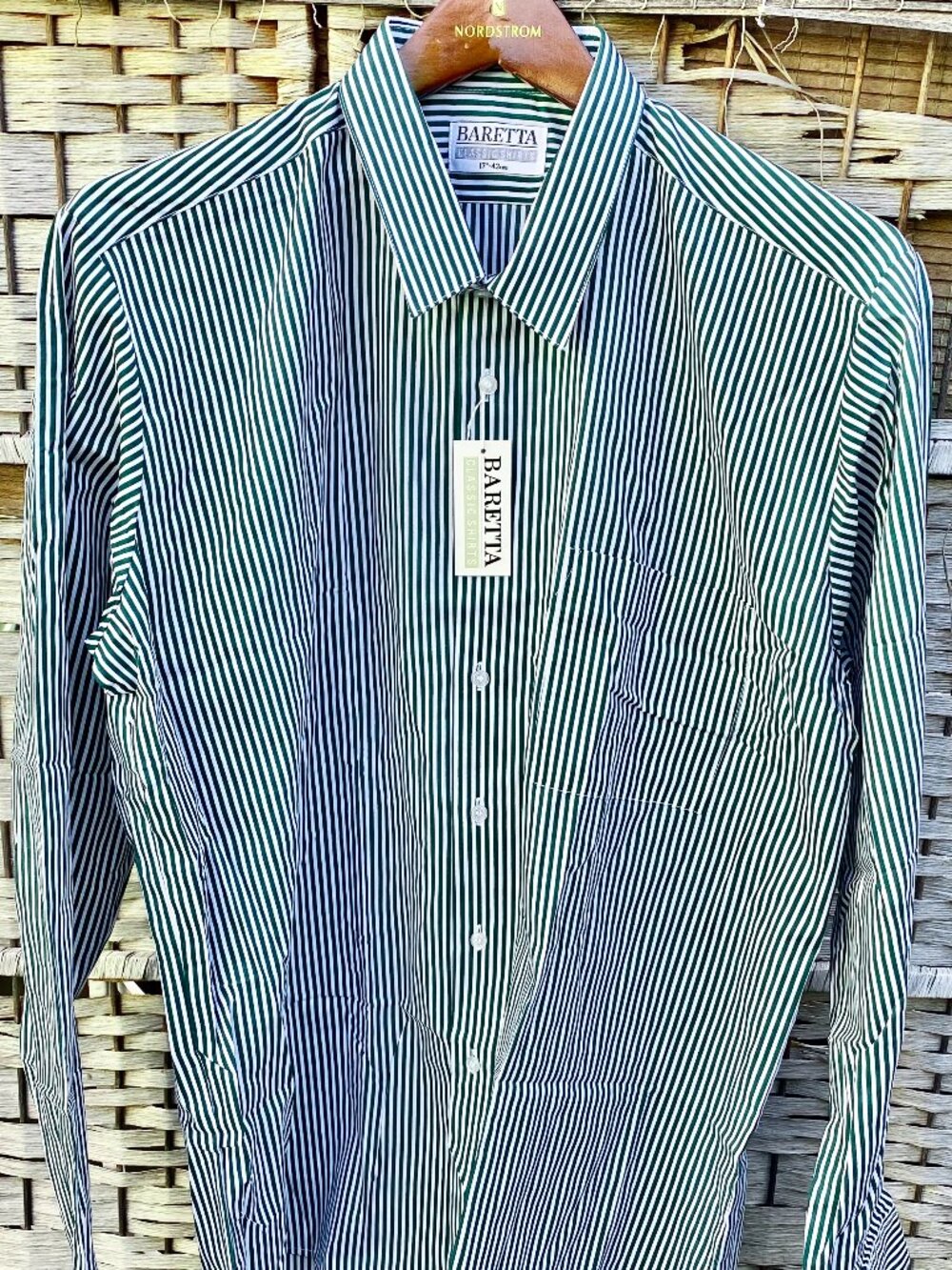 Vintage NWT Deadstock Baretta Green White Stripe Men's Button Shirt 1980s